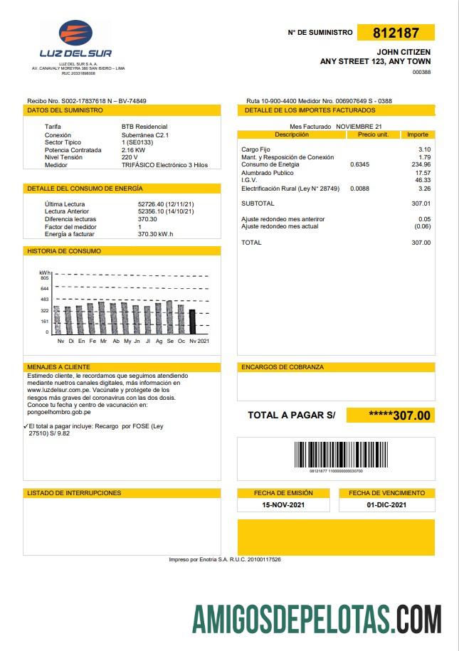 imprimível Modelo de fatura de serviços públicos Peru Luz De Sur em formato Word e PDF, totalmente editável